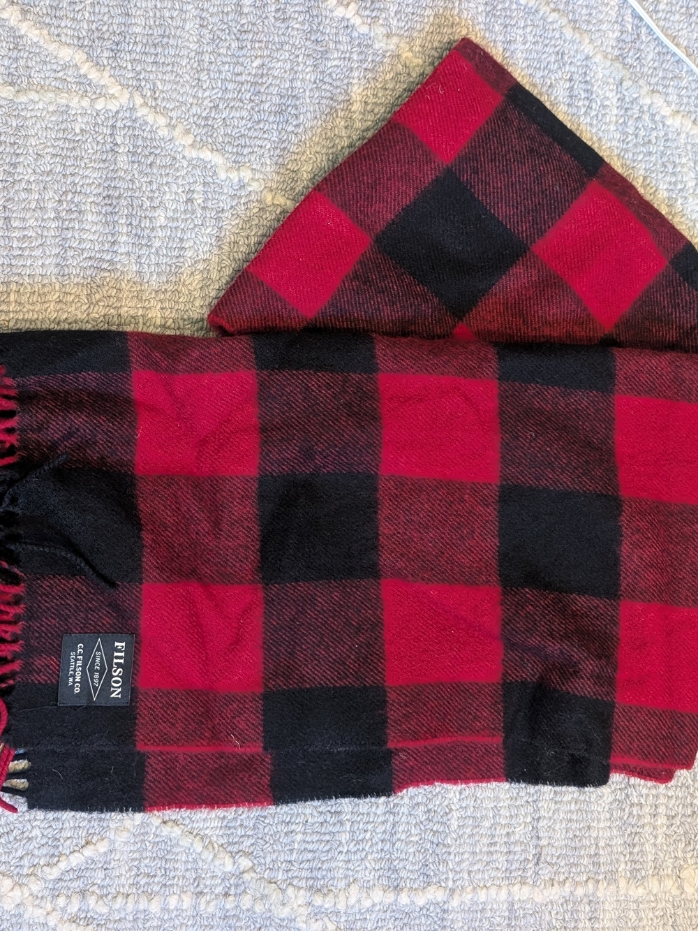 Filson Red & Black Buffalo Plaid Wool Scarf with Label